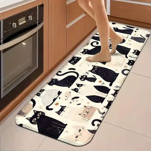 Cats Animal Flower Pattern Kitchen Mats - Non-Slip, Durable, Absorbent Rug with Fadesafe Print, Retro Vintage Home Interior Decor, Comfortable Standing Runners for Kitchen Areas, Multiple Sizes Available
