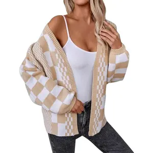 ��Plus Size�� Plaid Print Drop Shoulder Cardigan, Casual Long Sleeve Open Front Knitwear for Fall & Winter, Women's Clothing for Daily Wear