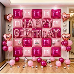 48pcs in One Set of Pink Square Balloons for a Happy Birthday Garland Wall | Reusable Balloon Party Supplies Background for Christmas, Valentine'S Day, Proposal Arrangements, Weddings, Anniversaries, And Celebration Photo Decor Square Balloon Backdrop