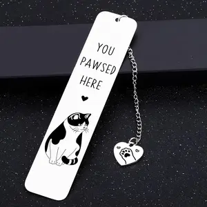 Cartoon Cat Design Bookmark, 1/5/10pcs Stainless Steel Bookmark with Heart Shaped Pendant, Book Enthusiasts, Book Accessories