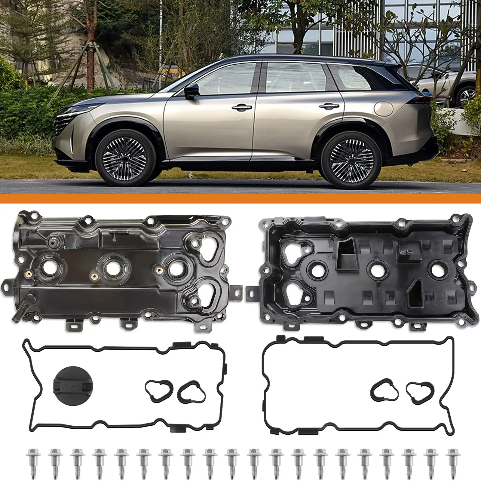 2pcs Engine Valve Cover Kit - High-Temp Heat-Resistant ABS Plastic, Corrosion-Resistant Rubber Gasket, Longevity, Enhanced Reliability, 20 Bolts, 1 Oil Cap, Camshaft Rocker Cover, Direct Fit Easy Install for Nissan Maxima 2009-2020, Murano 3.5L 2015-2020