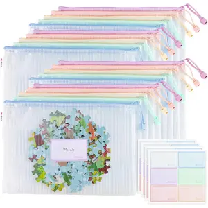 20 count Mesh Zipper Pouch Bags File Puzzle Storage Bags, A4 Zipper Bags for Organizing Storage,  Zipper Pouches with Label Pocket, Board  and Office Supplies (Macaroon Colors)