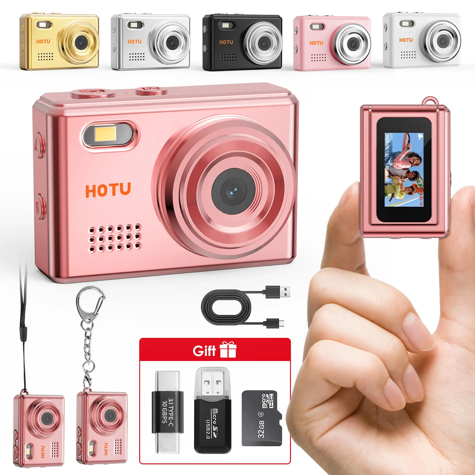 HOTU Mini Keychain Digital Camera Y2K 1080P HD 1MP Lens 0.96 Screen 32G Card Micro USB Rechargeable Battery Retro Vlog Travel Kids Instant Party Sparkling Rose Gold New Year Christmas Gifts - Recording