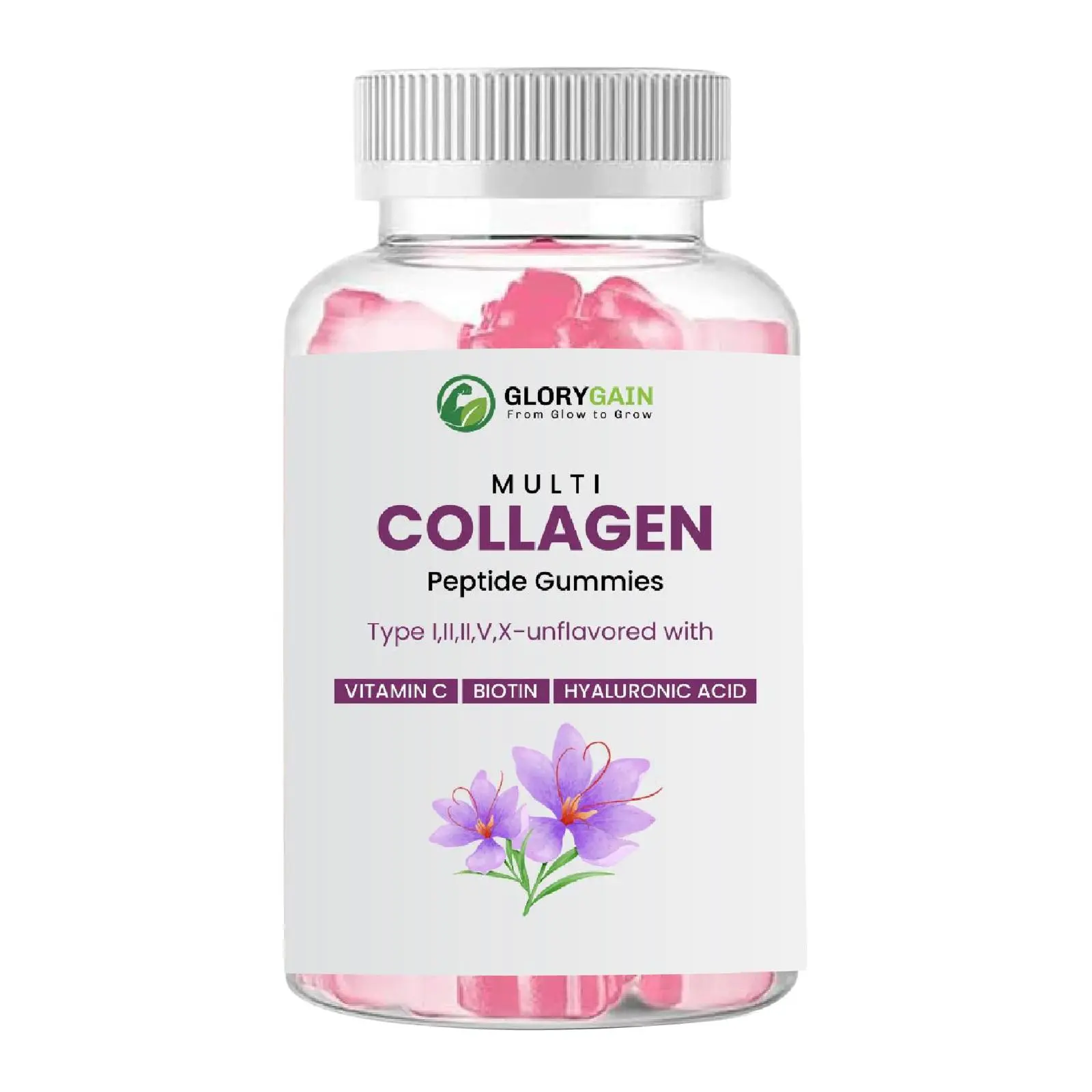 Glorygain Multi Collagen Peptides Gummies- Type I, II, III, V, X - Hydrolyzed marine Collagen Peptides with Biotin, Vitamin C, Hyaluronic Acid, Supports Skin Hair Nail, Grass-Fed, 60 gummies
