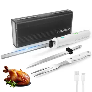 #SpringGlowUp HAUSHOF Cordless Electric Knife Set for Meat Slicing, 8V Electric Carving Knife for Fish, Bread, Turkey, Rechargeable Meat Cutter with Reciprocating Stainless Steel Blades, Safety Lock & Storage Case