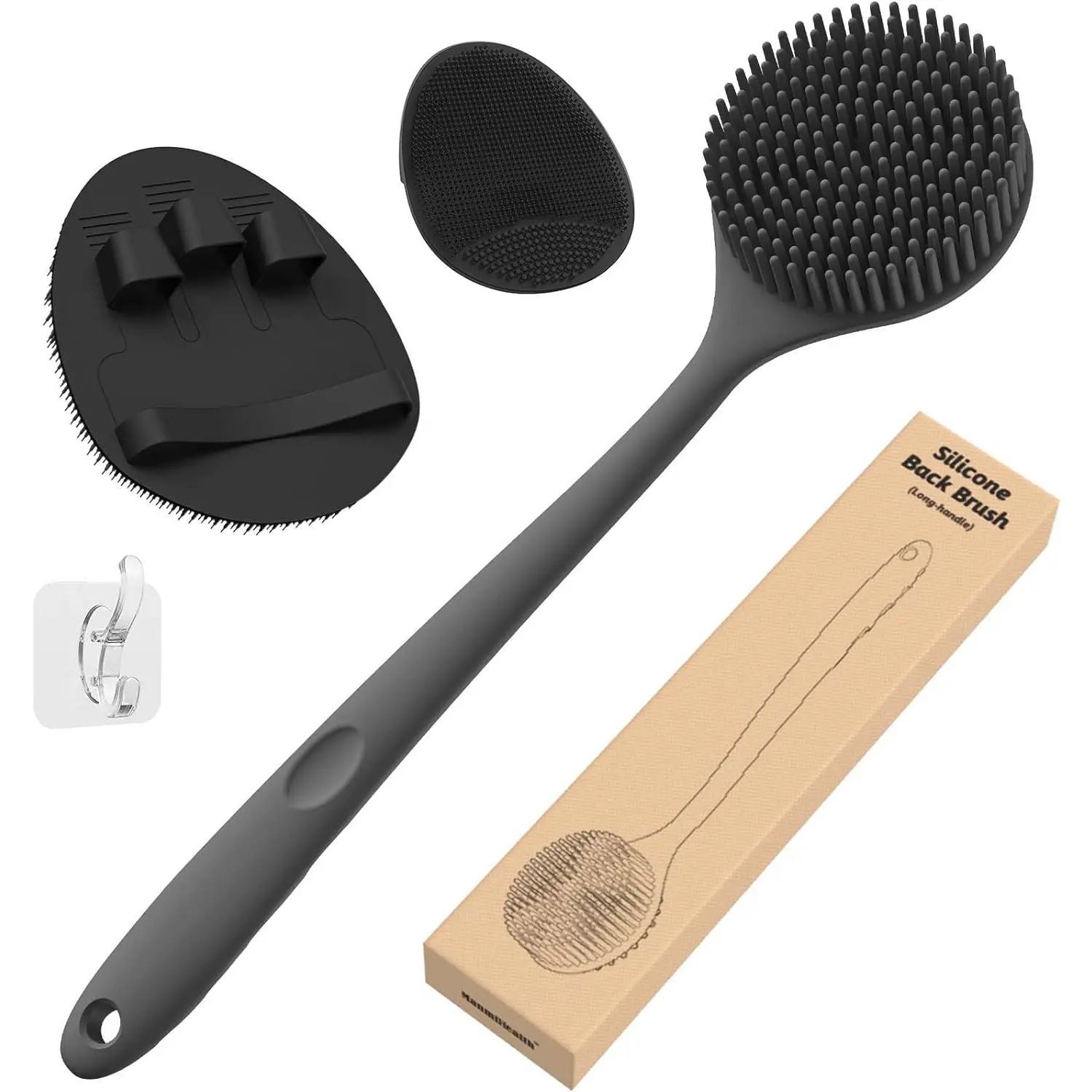 Manmihealth Silicone Back Scrubber (Thick Bristles) & Bath Glove & Face Brush Set(3Pcs), Super-Exfoliating & Lathering Body Scrubber, Shower Brush, Face Scrubber Combination, with a Free Hook.(Black) Manmihealth body scrubber