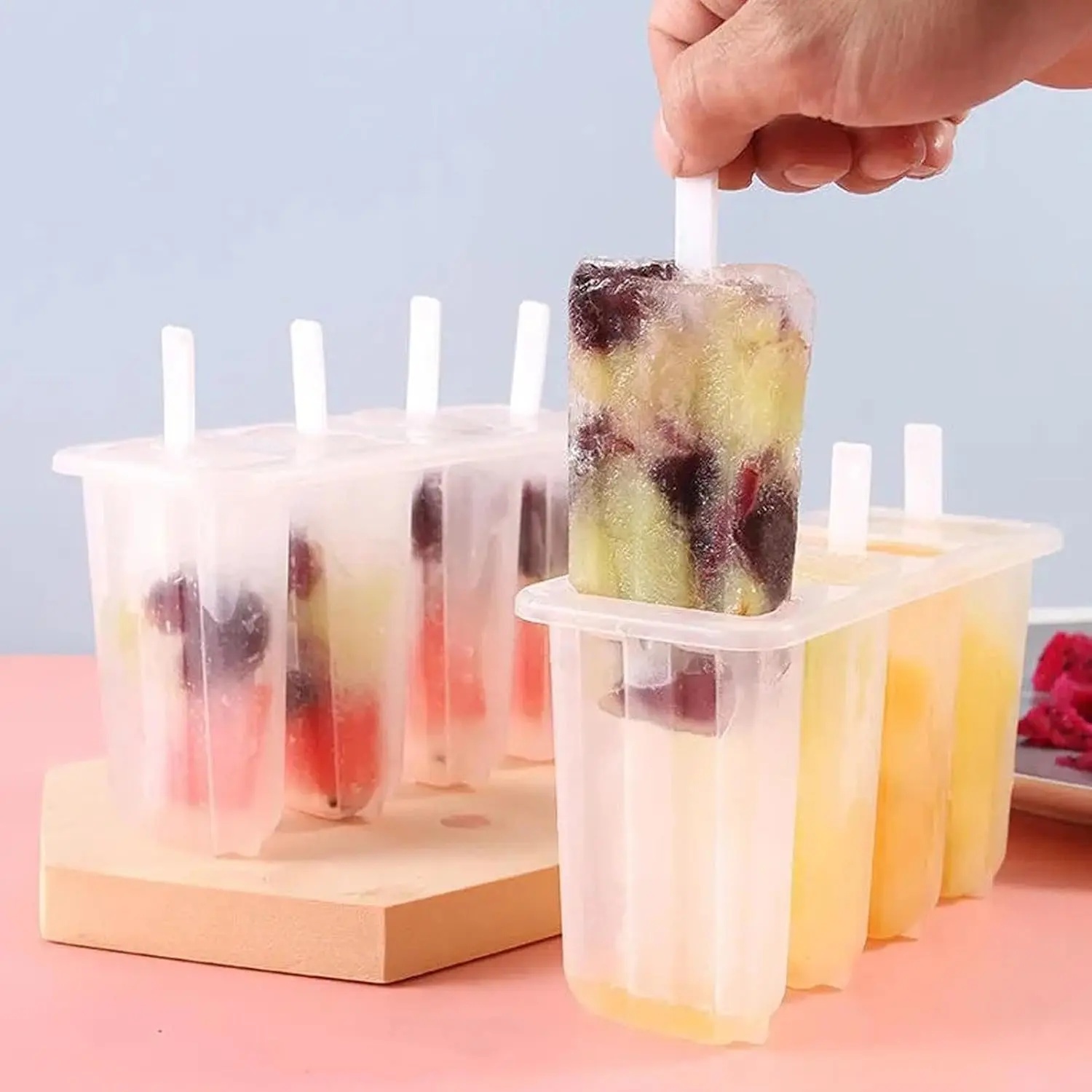 2pcs Reusable Ice Pop Mold with Lid, Plastic DIY Frozen Dessert Tray, 4-Compartment Ice Cream Maker, Summer Kitchen Tool, Home Cooking, Easy Clean, Stackable Set Utensils