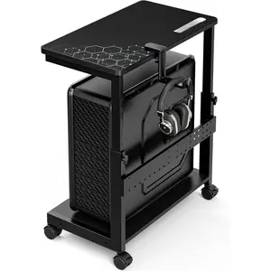 Height Adjustable  Tower Stand, 2-Tier ATX-Case CPU Holder with  Pad & Headphone Stand, Mobile PC Standing Under Desk,  Office Gaming Accessories,  Cart Wheels, Black