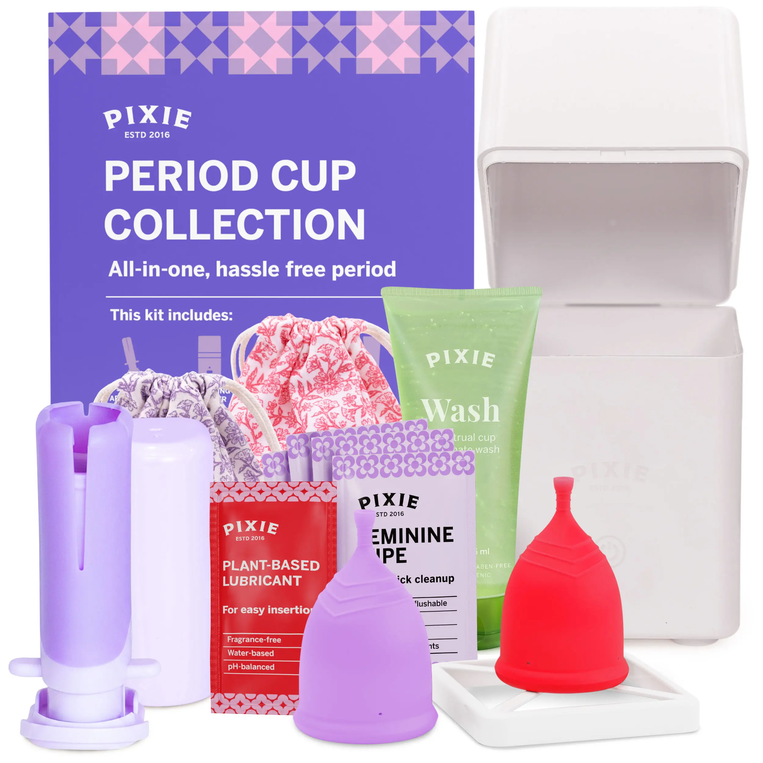 Pixie Menstrual Cup Collection - Inserts Like a Tampon - 2 Reusable Period Cups with Applicator, Sterilizer, Feminine Wash & Totes - All-in-One Easy Period Solution for Feminine Care