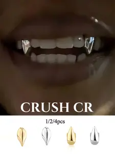 CRUSH CR 1/2/4pcs Halloween Vampire Single Fang Tooth Cap Grillz for Men Women, 14K Gold Plated Sharp Fang Design, Hypoallergenic Easy to Wear Remove, Perfect for Halloween Costumes, Cosplay Events, Vampire Themed Parties, Horror Events Anime Conventions