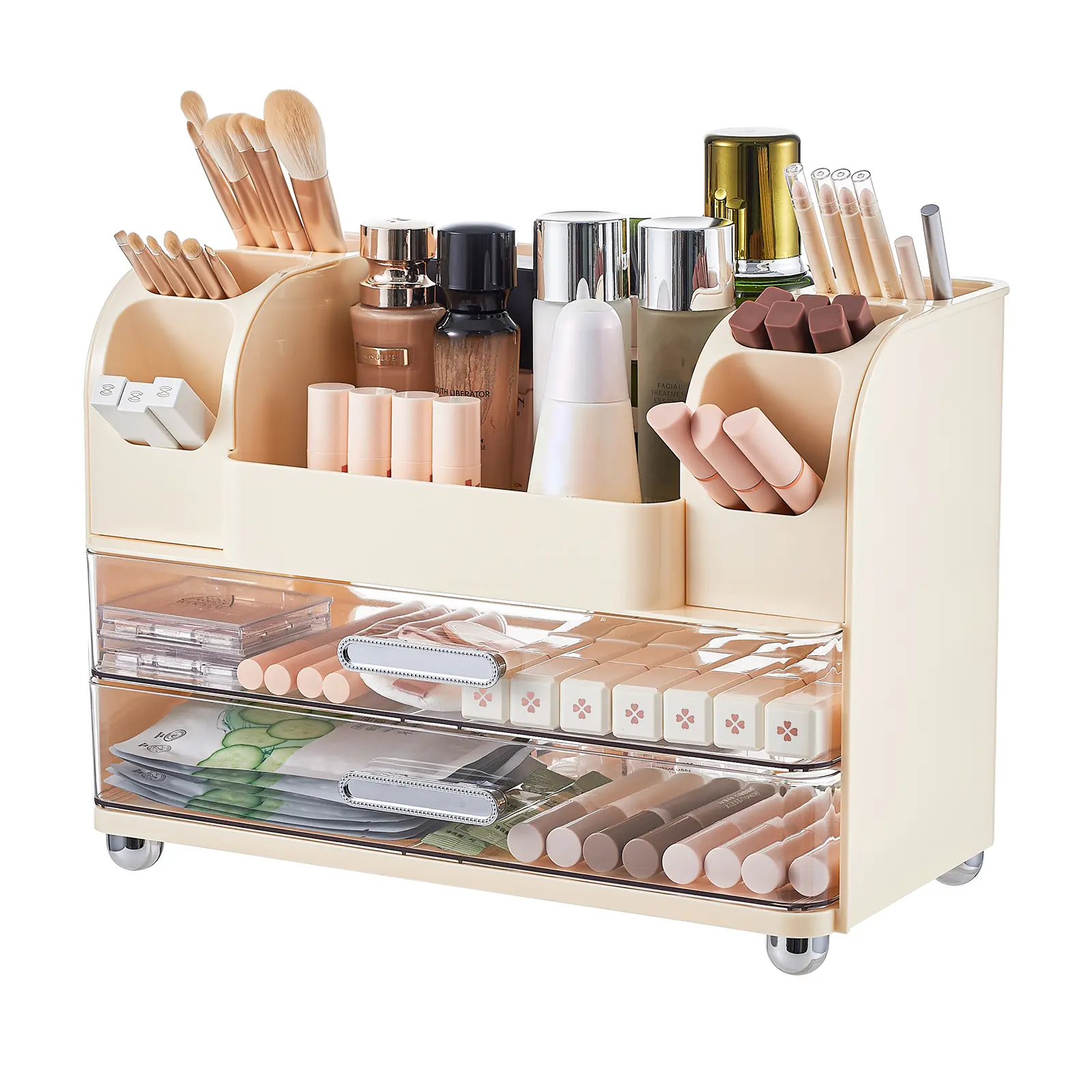 Modern ABS Makeup Vanity Storage Organizer - Drill-Free, Adjustable All-In-1 Cosmetic Organizer with 2 Large Drawers, Brush Holders, Cream Boxes, Easy Installation for Bathroom Countertop, Ideal Gift, Makeup Organizer