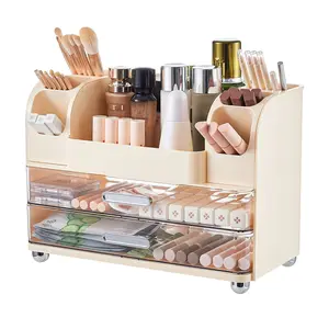 Makeup Organizer for Vanity with 2 Large Drawers, Cosmetic Display Case with Brush Holders, Easy to Storage for Bathroom Countertop Skincare, Desk Office Supplies