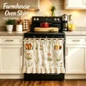 Handmade Farmhouse Floral Oven Skirt with Pockets, Spring Botanical Print Kitchen Curtain for Stove Dishwasher Microwave Storage, Cottage Core Tier Door Curtain Decor