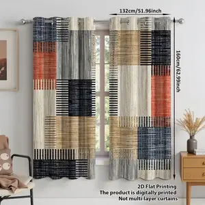 2-Piece Plaid Patchwork Digital Print Curtains, Semi-Transparent Polyester Fabric, Rod Pocket Design, Bedroom Living Room Dining Decor, Window Curtain