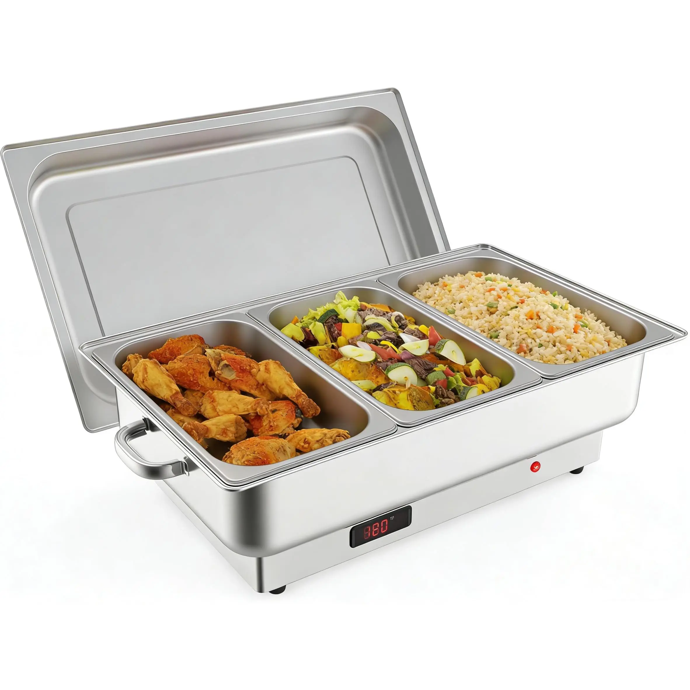 Electric Chafing Dishes Adjustable Temp Roll Top Food Warmer with 3 x 3 QT Size Pans, Stainless Steel Buffet Servers and Warmers, Temp Display Food Warmer Transparent Lid Chafers for Parties