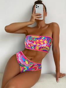 two-piece set women's plants print contrast binding bandeau bikini set, casual strapless swim top & swim bottom two-piece swimsuit for beach holiday vacation, ladies swimwear for all seasons, bikinis sets, bikini outfits