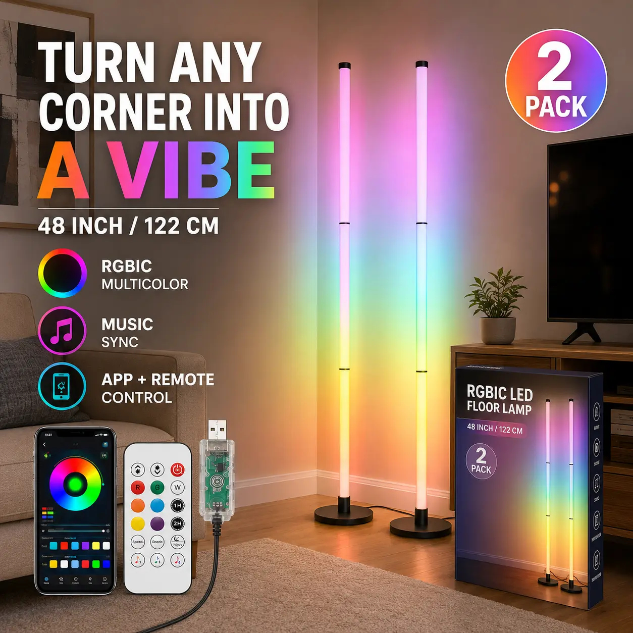 48-Inch RGBIC LED Floor Lamp with App & Remote Control, Music Sync Color Changing LED Lights, Bronze Finish Ambient Lighting for Indoor Use (Age 16+, 1 Pack/2 Pack)