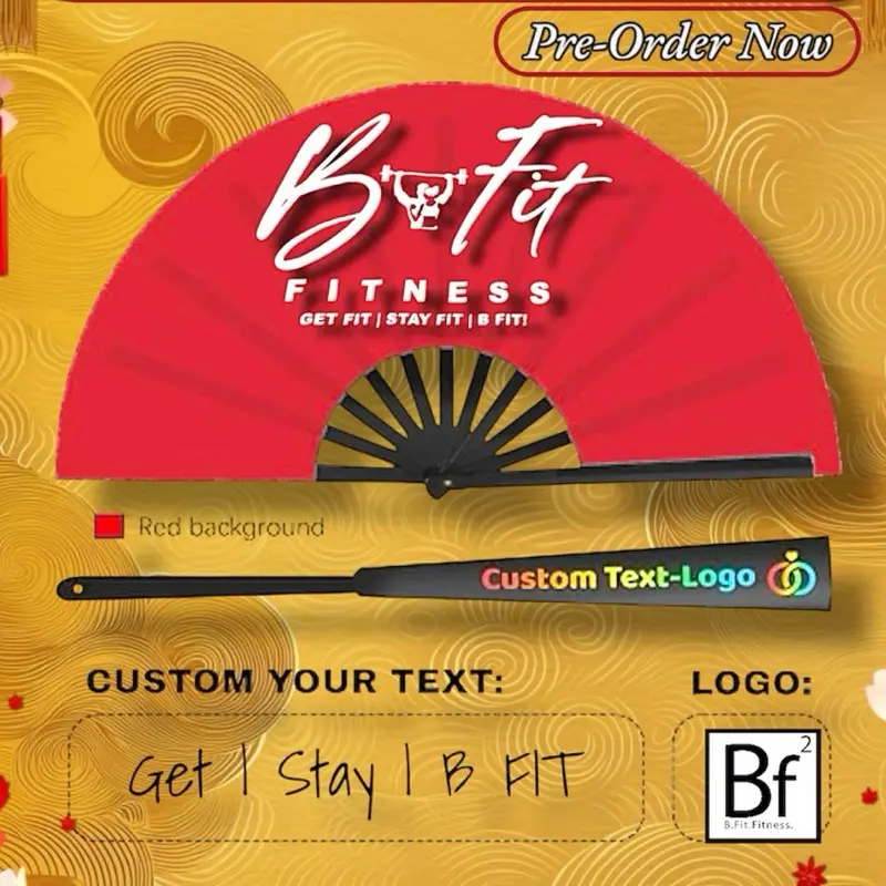 B-Fit Fitness Red Background Customizable Name Fan Handheld Personalized Line Dance Popping Fan Decorative Folding Fans Custom with Photo Text Clap Fans for Line Dancing Trail Ride Hand Pop Fans for Women Foldable Wedding Dance Party Church