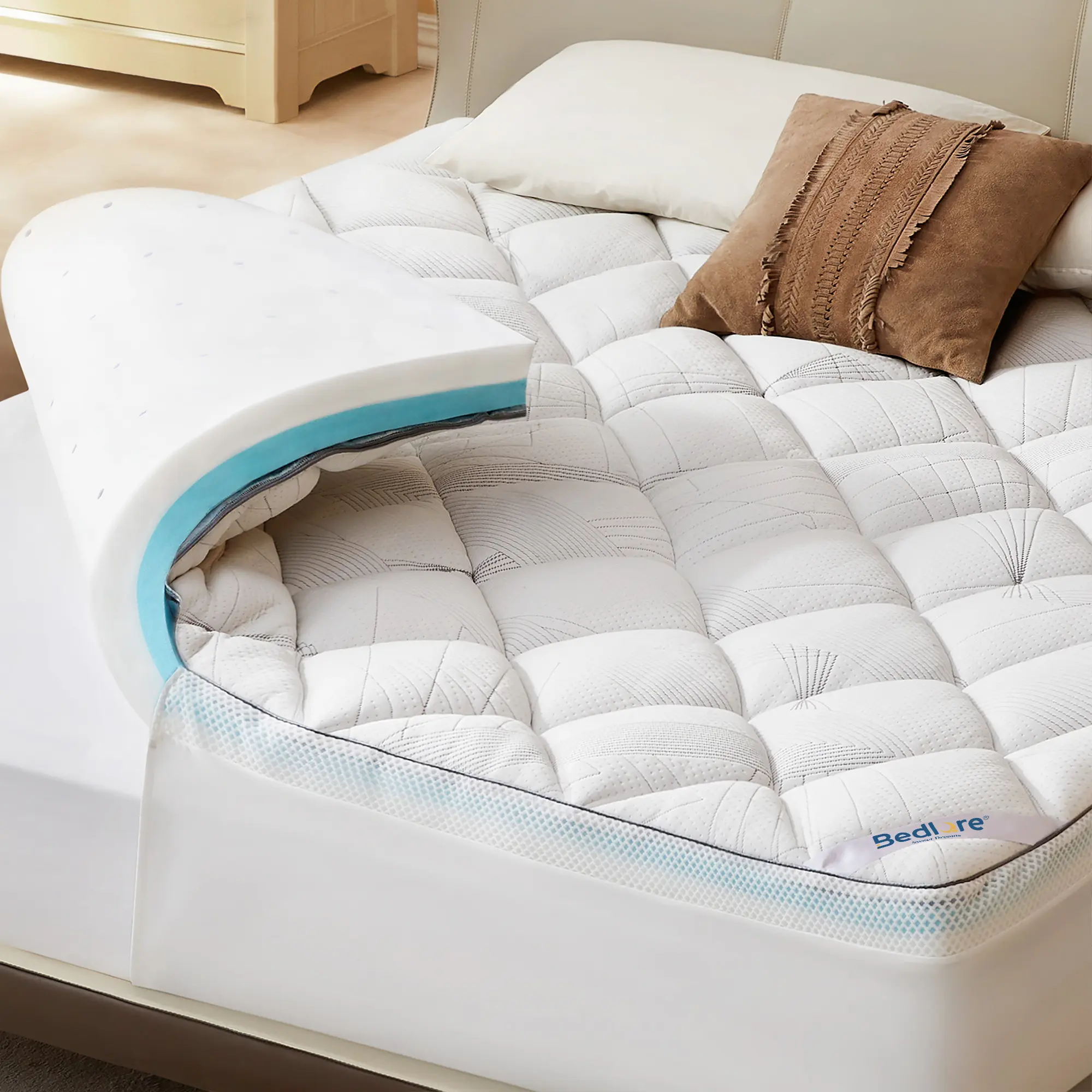 【HomeEssentials】BEDLORE Breathable Gel Memory Foam Mattress Topper for Back Pain Relief: 4-Inch Dual-Layer Medium Support with 2" Cooling Foam + 2" Fluffy Pillow Top, Pressure-Relieving Fitted Pad, Machine Washable Cover, Perfect for Guest Bed