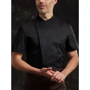 Men'sSolidShortSleeveChefShirtWithStandCollarAndButtonClosurePlacket,ProfessionalAndBreathableUniformShirtForCookWear