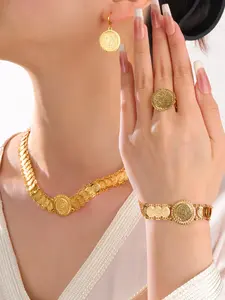 Vintage Coin Design Fashionable Jewelry Set, Including Necklace & Earrings & Bracelet & Ring, Fashion Accessories for Party, Daily Clothing Decor for Girl