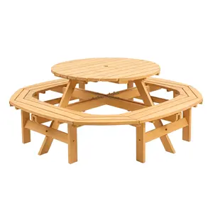 8-Person Round Wooden Picnic Table Set, Outdoor Patio Dining Table with 4 Built-In Benches, Pre-Drilled Umbrella Hole, Heavy-Duty Wooden Furniture for Garden, Backyard and Camping