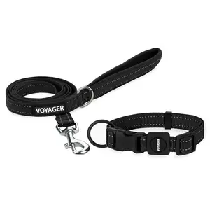 Voyager Reflective Dog Leash and Collar Set - Heavy-Duty Matching Nylon Combo with Neoprene Handle for Small Medium Large Dogs | Adjustable Buckle Collar | Walking Set by Best Pet Supplies
