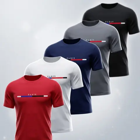 Men's 5-Pack Graphic Tees for Casual Workouts & Running – Breathable, Lightweight Moisture-Wicking Short Sleeve Crew Neck T-Shirts with "PARIS" Print | Polyester Multipack for Sports, Summer Outdoor & Daily Athleisure Wear