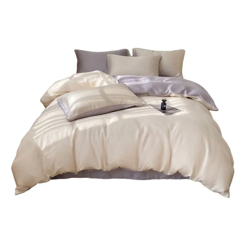 Milk Tea Color Class A Ice Silk 3-Piece Solid Cooling Bedding Set - Cooling, Silky, Soft, Breathable Cool, Durable, Fade Resistant Duvet Cover & Sheets, Suitable for Student Dorms - Nantong Home Textile (Cocoa White Brown, Champagne Green Options)