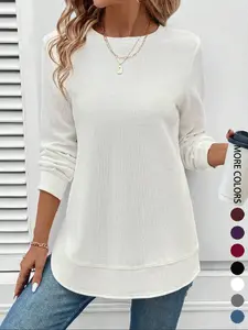 Women's Plain Round Neck Asymmetrical Texture Sweatshirt, Casual Fitted Knit Pullover Top for Fall & Winter Seasons, Knitwear