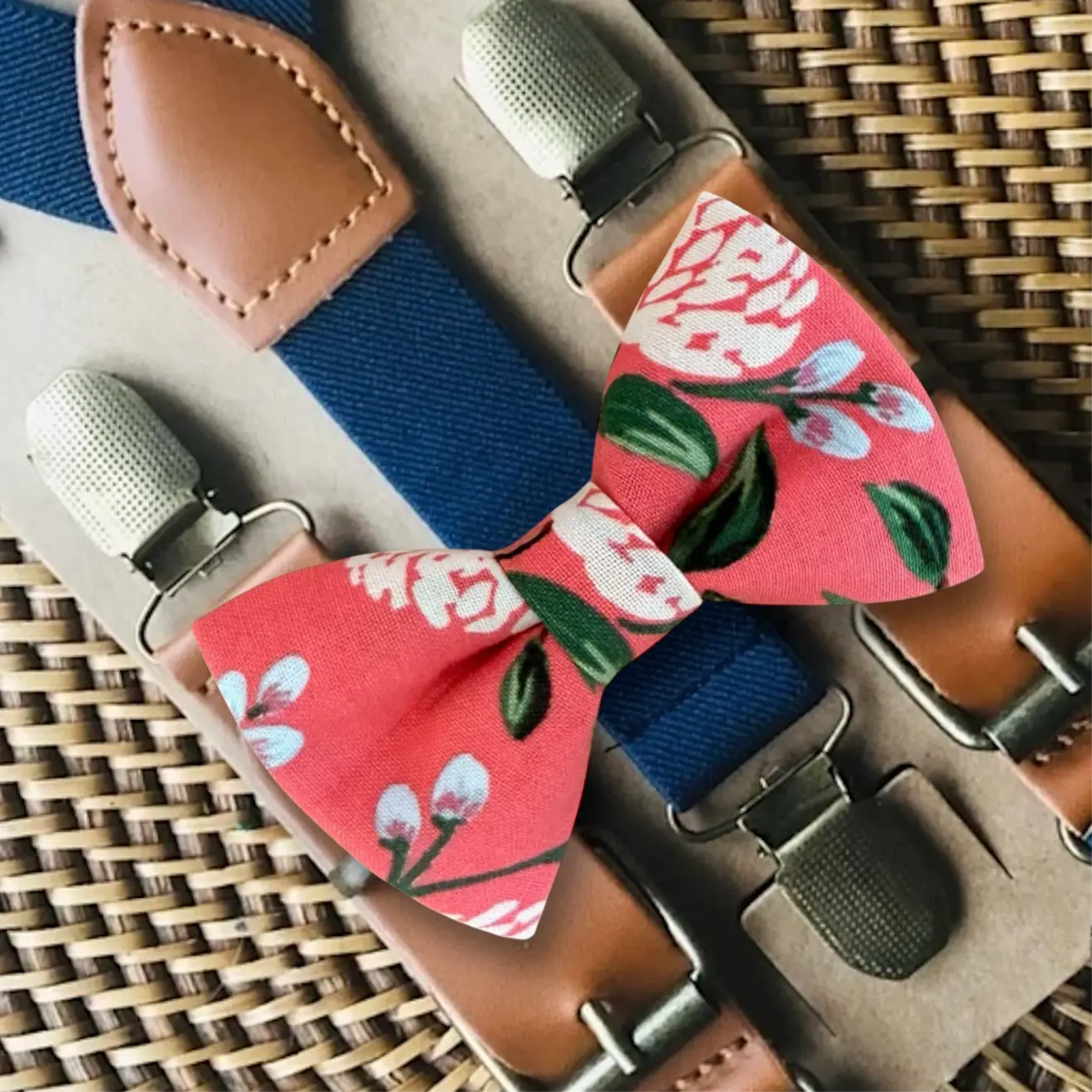 Hydrangea Pink Bow Tie & Navy Suspenders Set