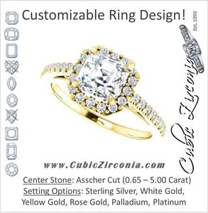 Cubic Zirconia Engagement Ring- The Sunshine (Customizable Asscher Cut Halo Design with Vintage Cathedral Trellis and Thin Pavé Band)