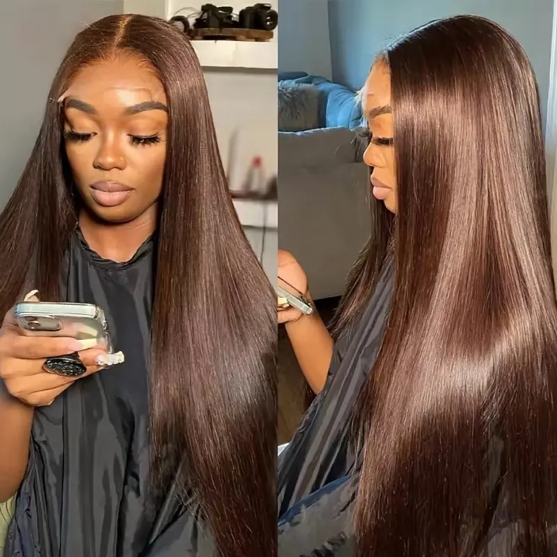 Hermosa 13x4 Chocolate Brown Straight Human Hair Lace Front Wig, 26in, 4# Brown, Pre-Plucked Hairline with Baby Hair, 180% High Density T Part Lace Frontal Wig, Straight Hair