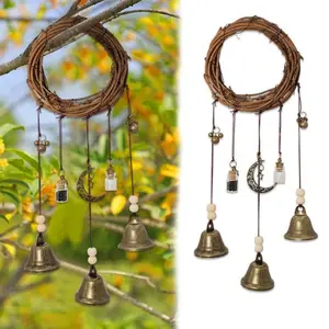 Witch Protection Bell Ornament, Rustic Black-White Jar Decoration with Wreath Design, Hangable Spiritual Charm for Entryway, Indoor Door Knob or Interior Wall