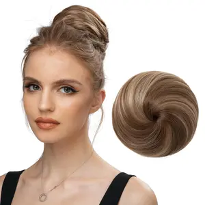 Fake Hair Buns Extensions Drawstring Ballet Bun Synthetic Donut Chignon Updo Hairpieces for Women Lady Medium Brown/Ash Blonde 1 Piece