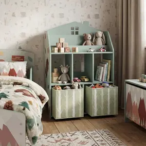 Kids Bookshelf with Storage, Toy Storage Unit with Book Display, Shelves and Fabric Drawers for Playroom Nursery