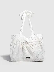 Minimalist style fashionable texture pleated polka dot tote bag, large capacity casual versatile shoulder bag, adjustable shoulder strap, can accommodate tablets, files, suitable for commuting and shopping, Casual Trendy Bag
