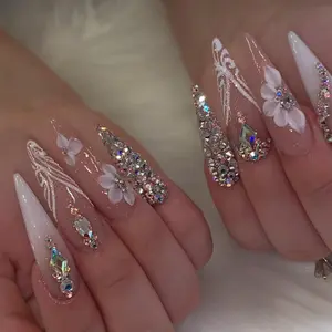 Long Almond Fake Nail with Nail File & Tapes, 24pcs Flower Rhinestone Decor Fake Nail, Press on Nail for Women & Girls DIY Nail Art, Christmas Gift, Glitter Decorative Nails, Glittering Fake Nails