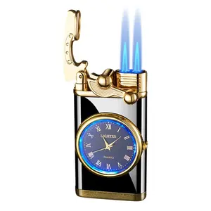 (Butane Gas Not Included) Windproof Double Flame Lighter, Vintage Analog Dial, Black Vintage Design - Adjustable Blue Flame, Windproof, High Quality, Ergonomic Grip, Inflatable Butane Lighter, Also a Gift for Men, Boyfriends, Dads.