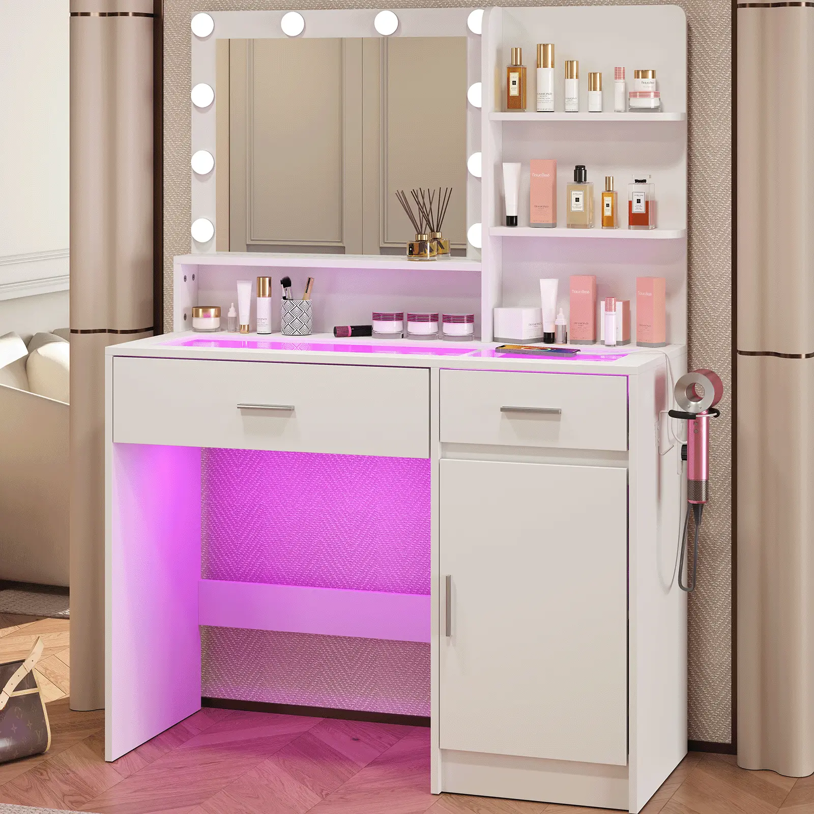 CollaredEagle Vanity Desk Makeup Vanity White LED Lighted Makeup Vanity Table Rotating Mirror Vanity with Storage Glass Top USB Power LED Lights Brightness Adjustable RGB Drawers Dressing Table Bedroom,dorm essentials,home decor