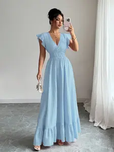 Elegant Light Blue V-Neck Long Dress, Sleeveless Design, Ruffled, Perfect for Casual & Formal Occasions, Comfortable Fit, Stylish Women's Clothing