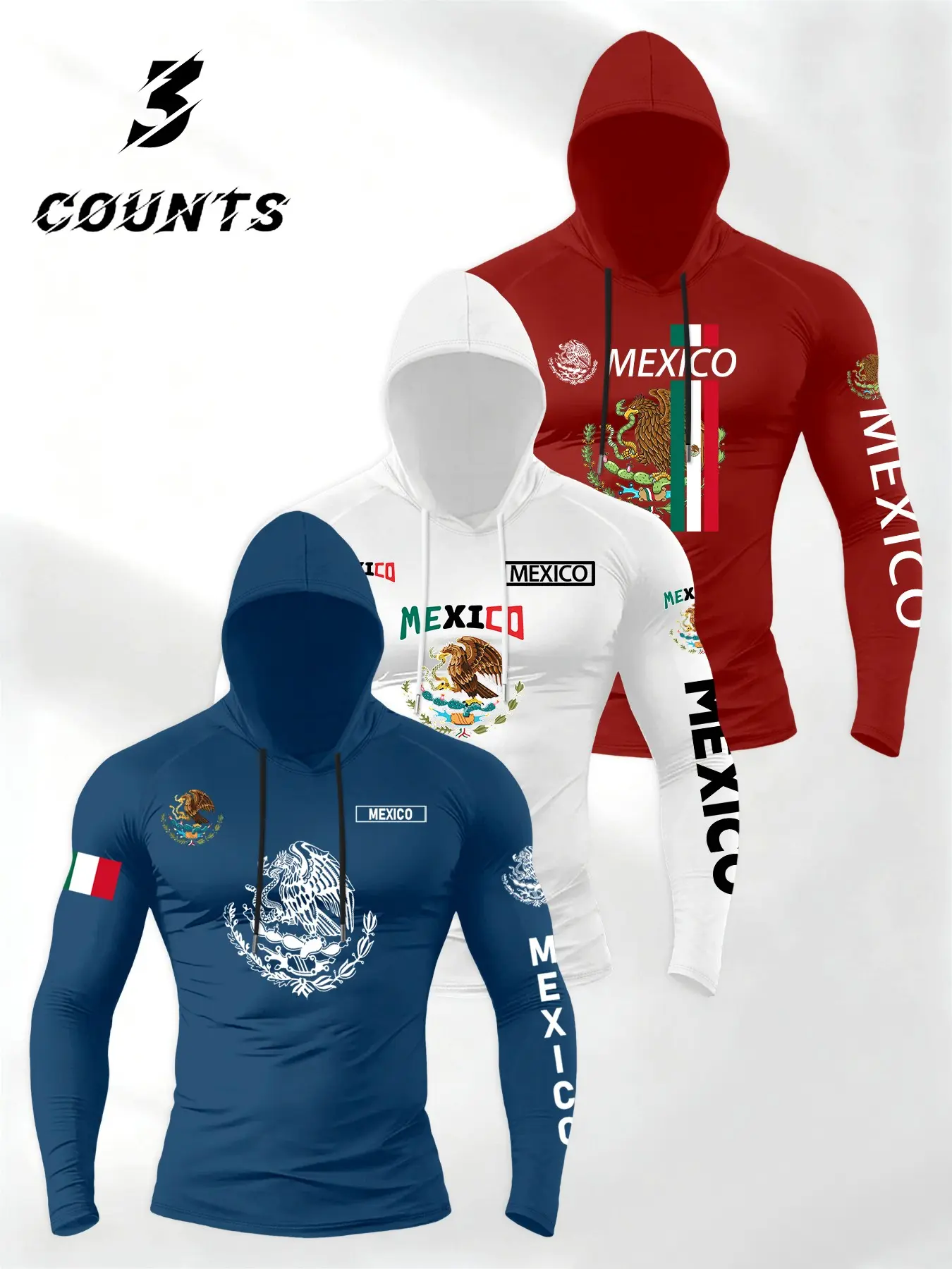 Men's 3-Piece Set Mexican Flag Hooded Long Sleeve T-Shirt, Gym Sports Wear, Workout Sportswear, Daily Patriotic, Sporty Fitted Style, Sporty Style Clothes, All Seasons
