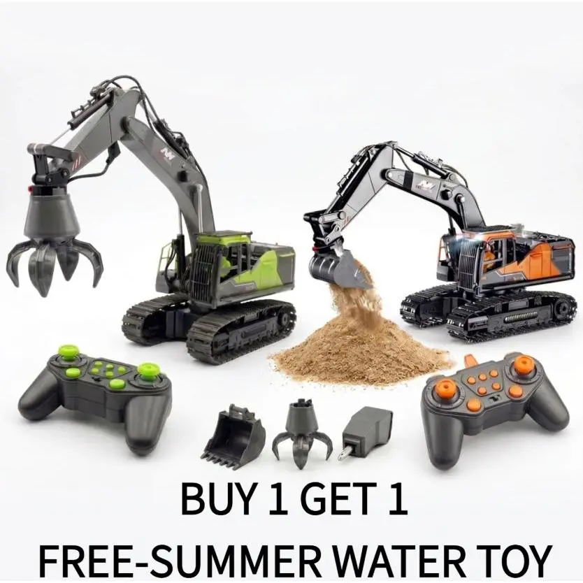 Ultimate 14-Channel RC Excavator Toy, 3-in-1 RC Controlled Vehicle with Metal Bucket, Claw, Drill, 680-Degree Rotation, LED Lights, Realistic Sounds, Auto Demo, Heavy-Duty Sand Digger Gift for Kids, Rc Vehicle