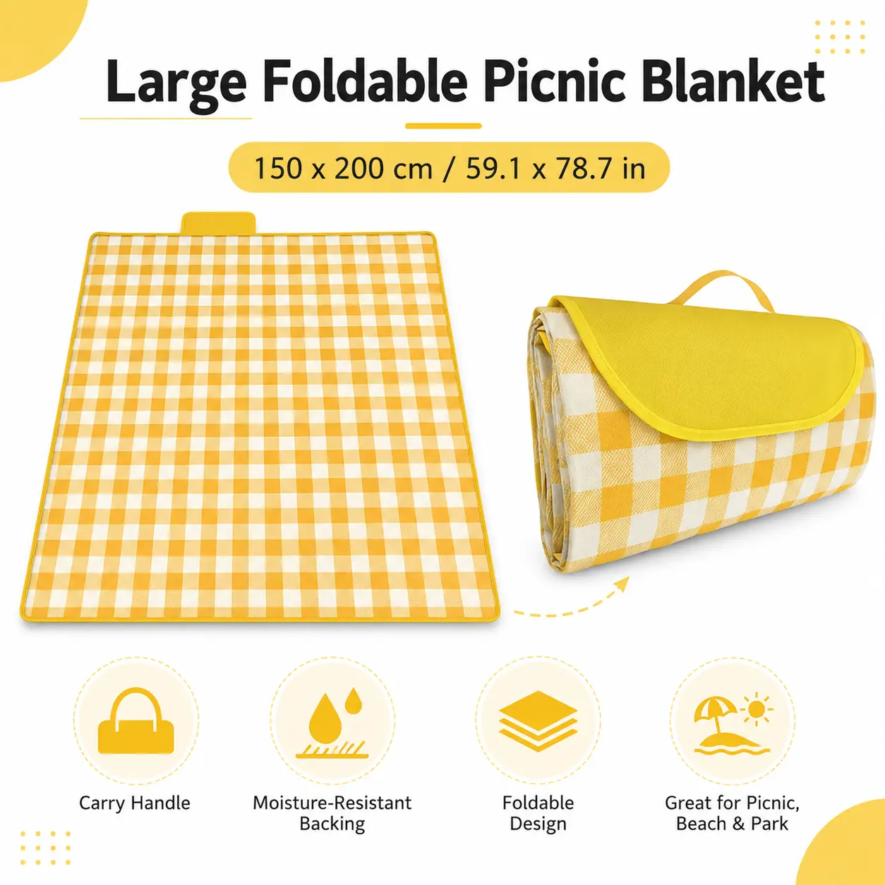 Gingham Look Foldable Picnic Blanket with Carry Handle, Folded Shape Design for Family Groups’ Outdoor Picnic Setup, Portable Home & Party Supply for Camping, Parks