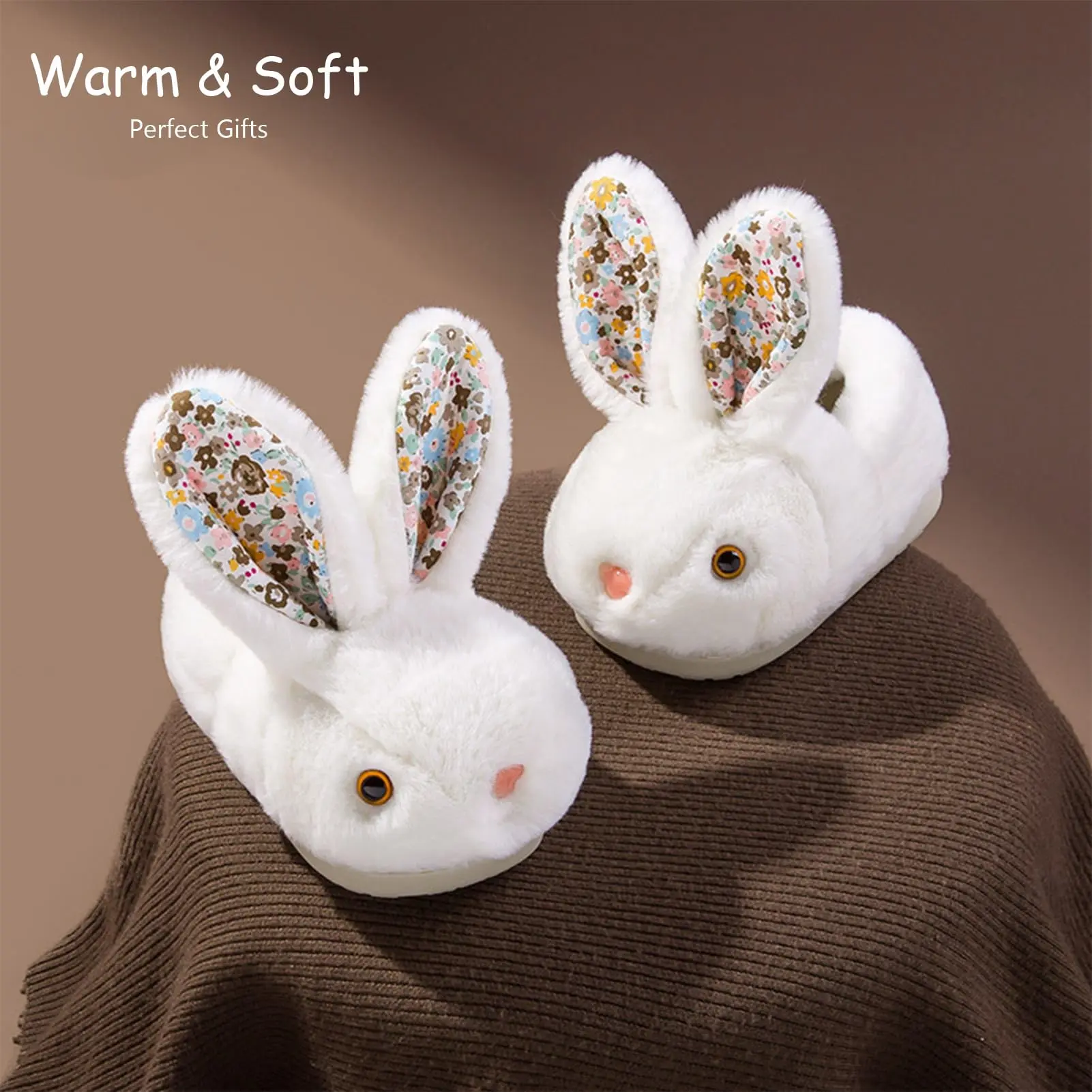 Children's Fuzzy Warm Bunny Slippers Non-Slip Winter House Shoes for Boys & Girls, Soft Cotton Indoor Footwear with 3D Bunny Eyes & Ears