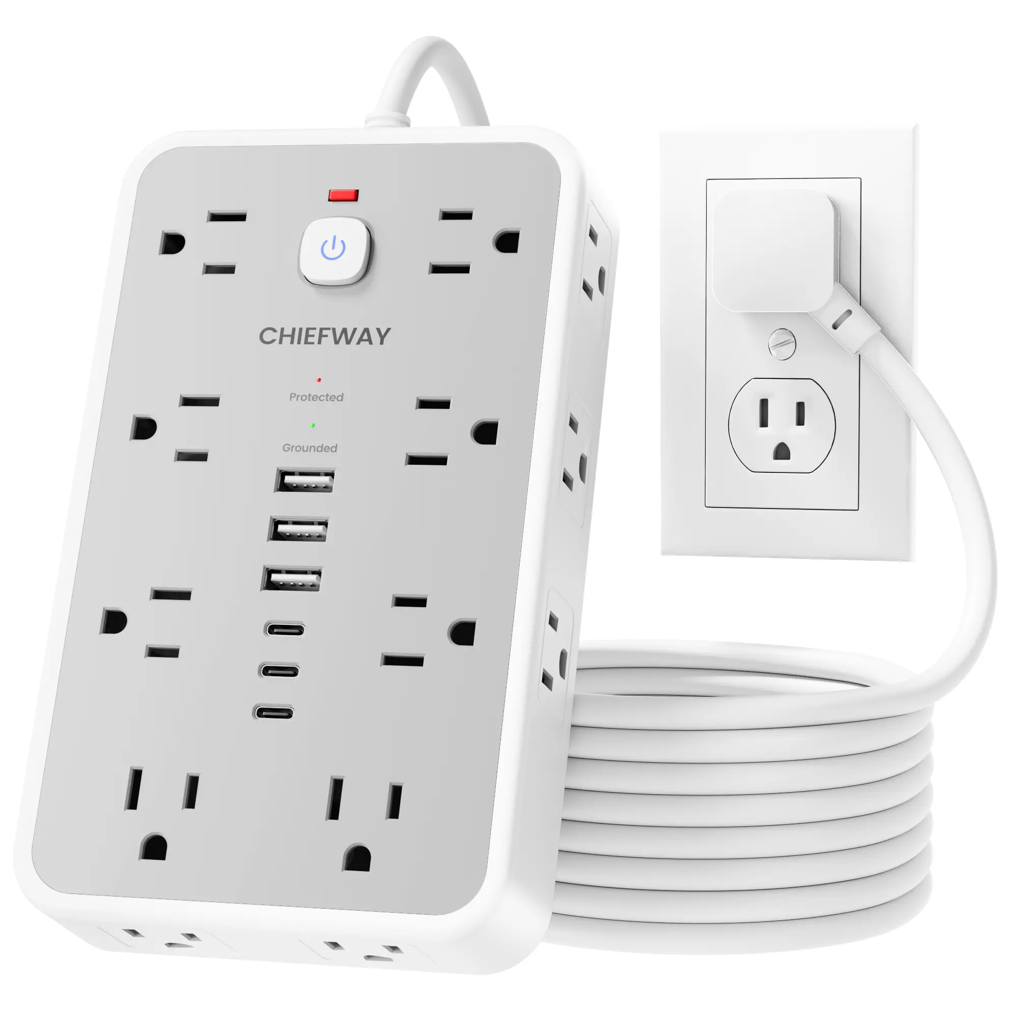 Chiefway Power Outlets Strip - 6Ft Flat Plug Extension Cord, 16 Widely Spaced Ports, 6 USB Ports (3 USB C), 4-Sided Wall Outlet Extender, 2400J, 1875W/15A Multi Plug for Home Office Gaming