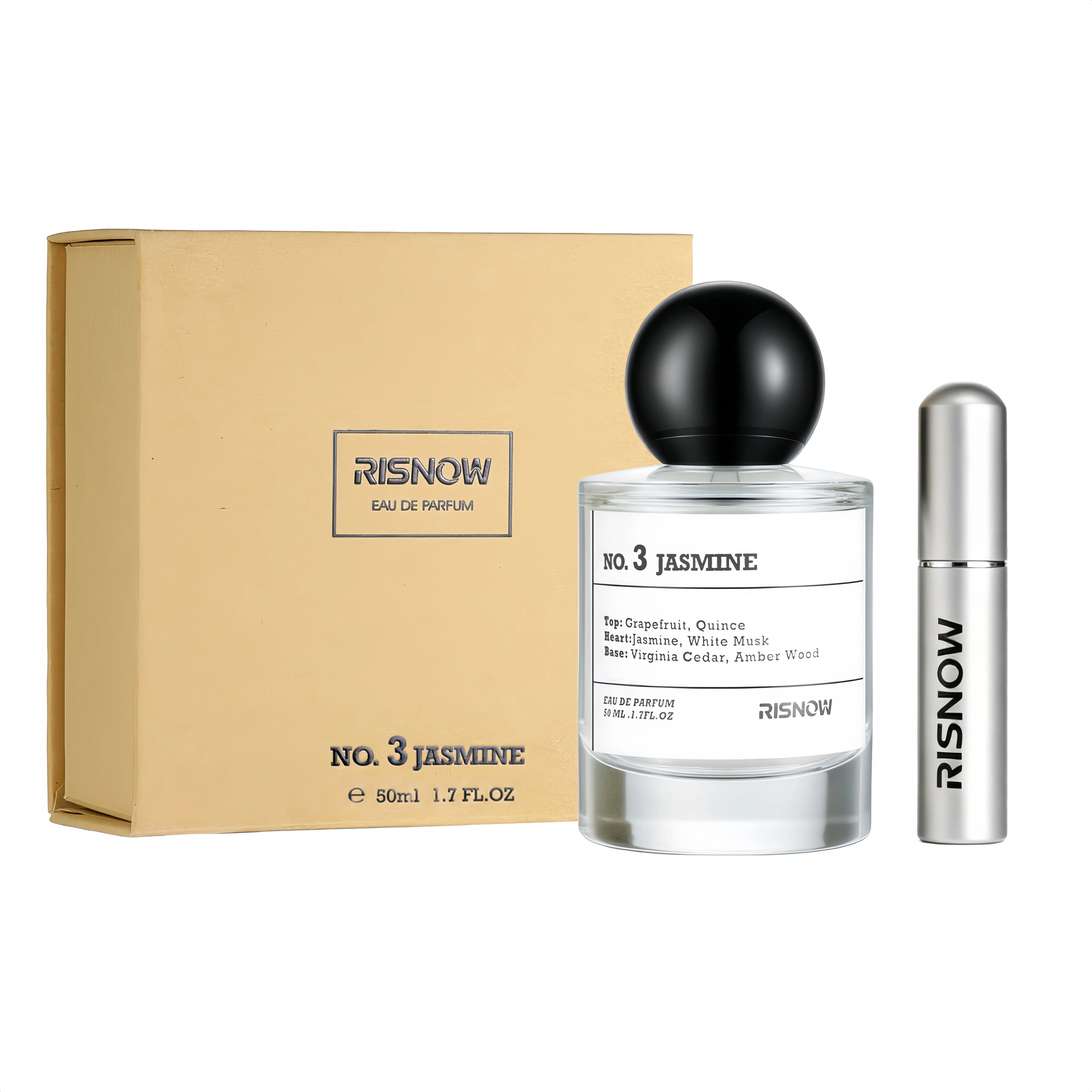 RISNOW No. 3 JASMINE Eau de Parfum 50ml Floral fragrance with Portable Travel Spray Bottle Grapefruit Jasmine Musk Amber Wood long-lasting EDP luxury perfume for women