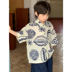 Boys' Chinese-style Shirt Summer New Small and Medium Children's Hand-painted Style Fruit Print Internet-famous Retro Children's Short Sleeve Cool Shirt
