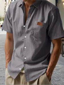 Men's Linen Short Sleeve Button-Up Shirt, Casual Loose-Fit Summer Top with Pockets, Comfortable Plain Design for Daily Wear