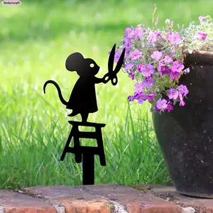 Black Wrought Iron Mouse Silhouette Garden Stake - Scissors-Design, Weather-Resistant Outdoor Lawn Ornament, Backyard Decor for Patio Use